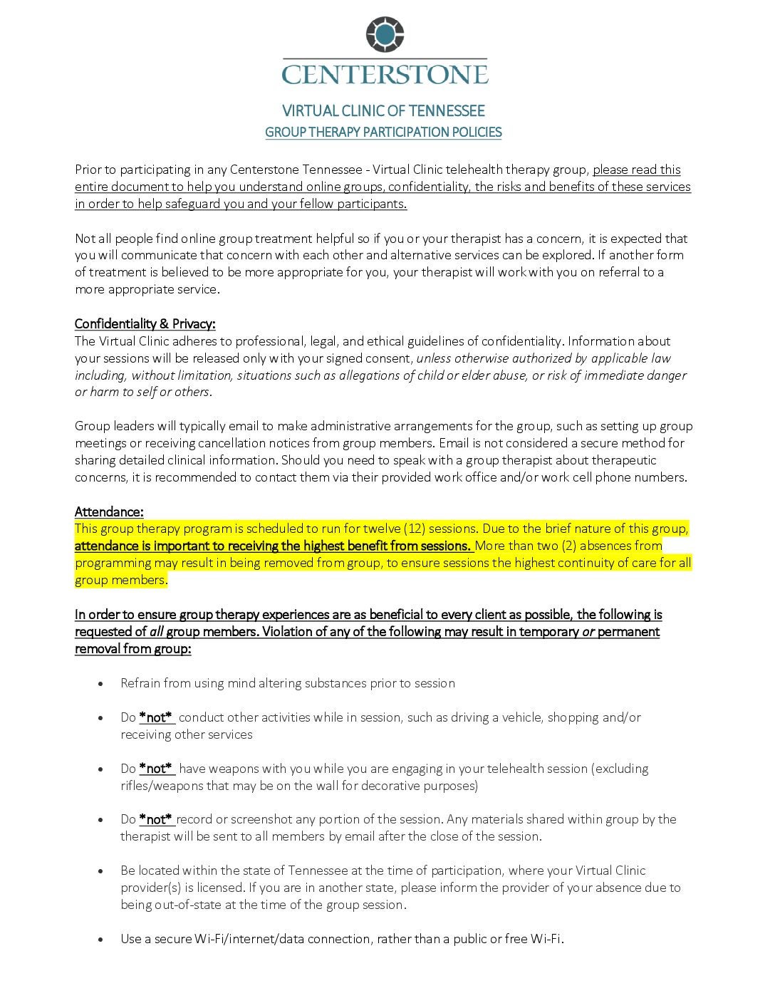 Virtual Clinic Group Therapy Participation Guidelines