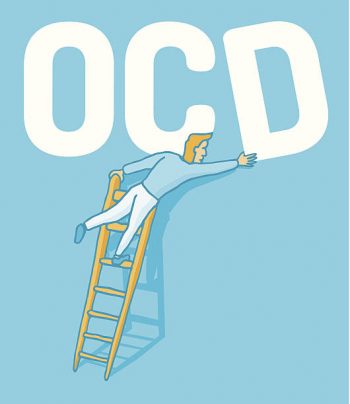Cartoon illustration of an obsessive man correcting a crooked ocd letter